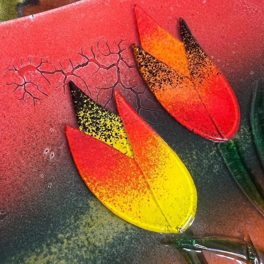 Square Fused Art Glass Tulip Platter Bowl Wall Hanging Handmade Vintage 70s